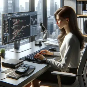 dall·e 2024 02 02 23.53.34 a realistic 3d rendered image of a female consultant working intently at her modern office workspace. the setting should include a sleek contemporary