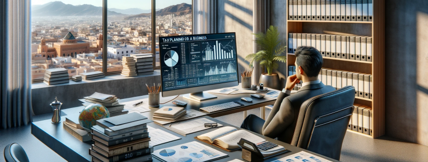 dall·e 2024 01 25 22.47.21 a professional and realistic 3d image depicting the concept of tax planning for a business. the scene is set in a modern moroccan office with a busin