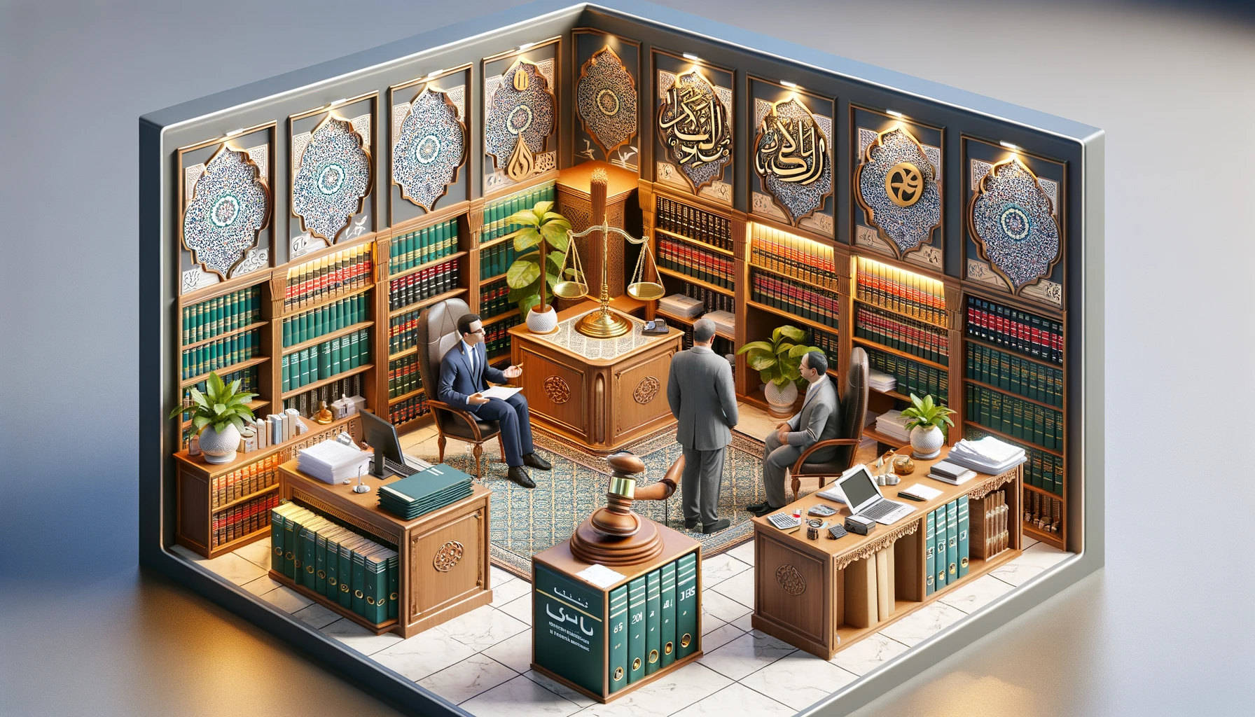 dall·e 2024 01 25 23.10.19 a professional and realistic 3d image showing a moroccan office scene where a business person is consulting with various professionals. the office is