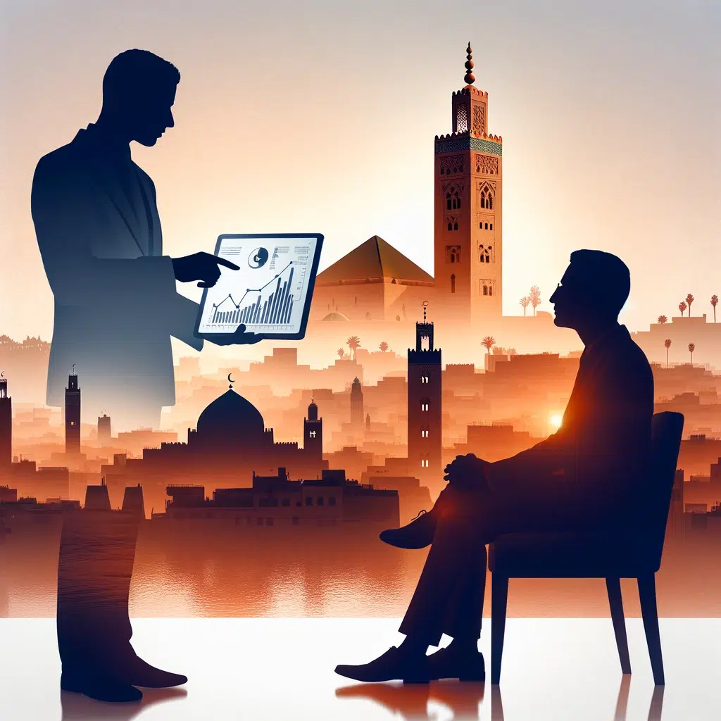dall·e 2024 02 05 23.02.28 create a conceptual image illustrating a financial expert advising a client with the silhouette of famous moroccan landmarks in the background to emp